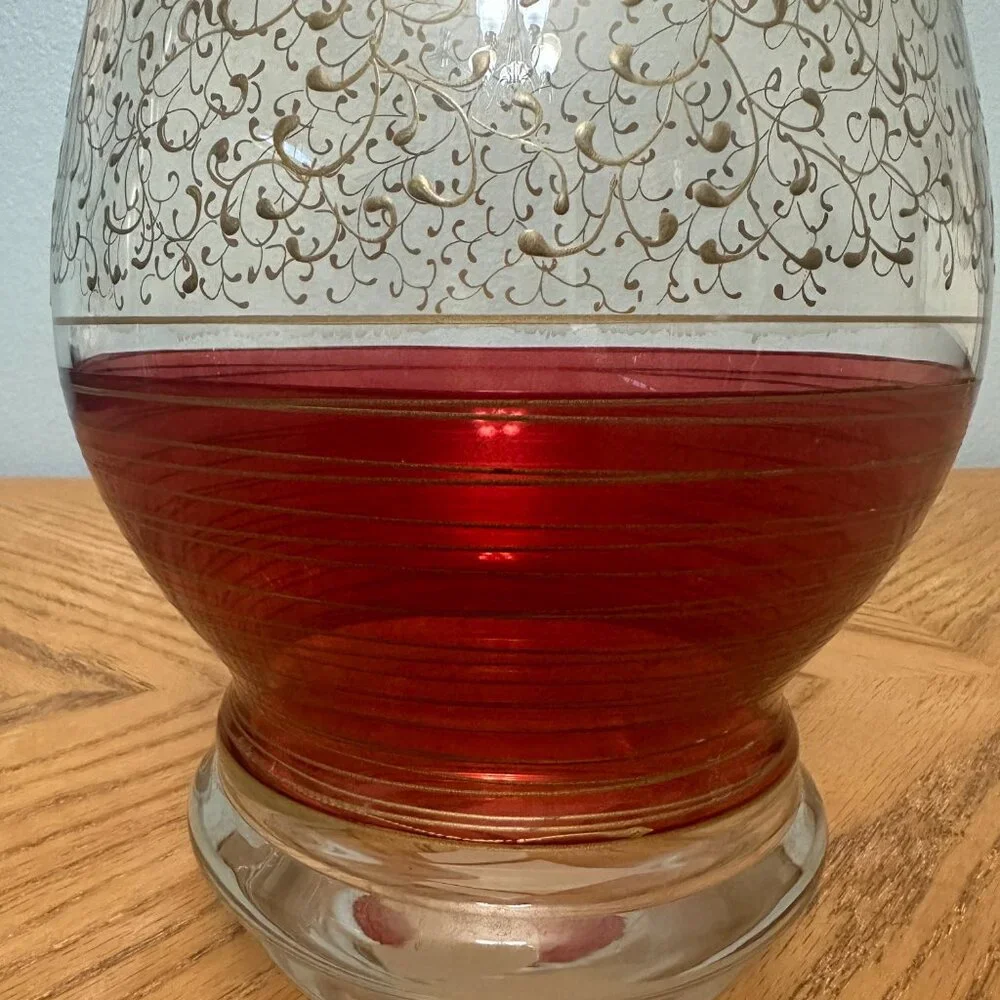 Glass Pier 1 Hand Painted Pillar Candle Holder Vase Red Gold 10.5” Tall